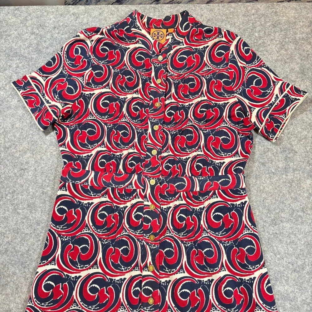 Tory Burch Dress Womens S Red Blue Swirl Print Button Front Logo 70s Geometric
